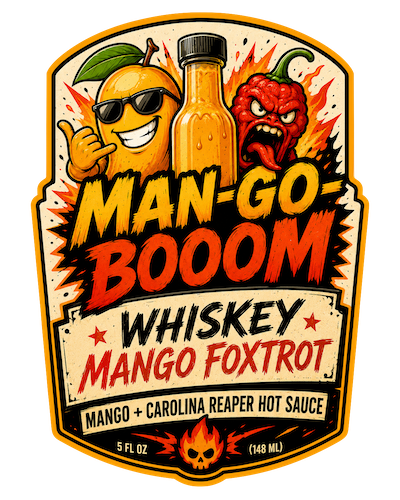 Man-Go-Boom Whiskey Mango Foxtrot bottle label concept