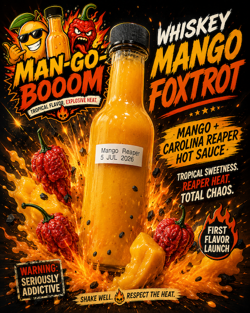 Whiskey Mango Foxtrot hot sauce launch poster