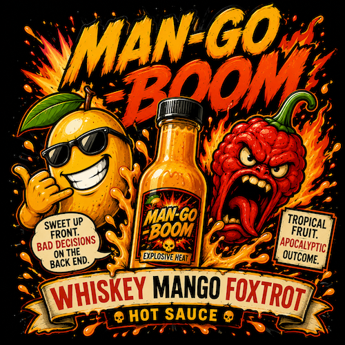 Man-Go-Boom shirt and sticker design